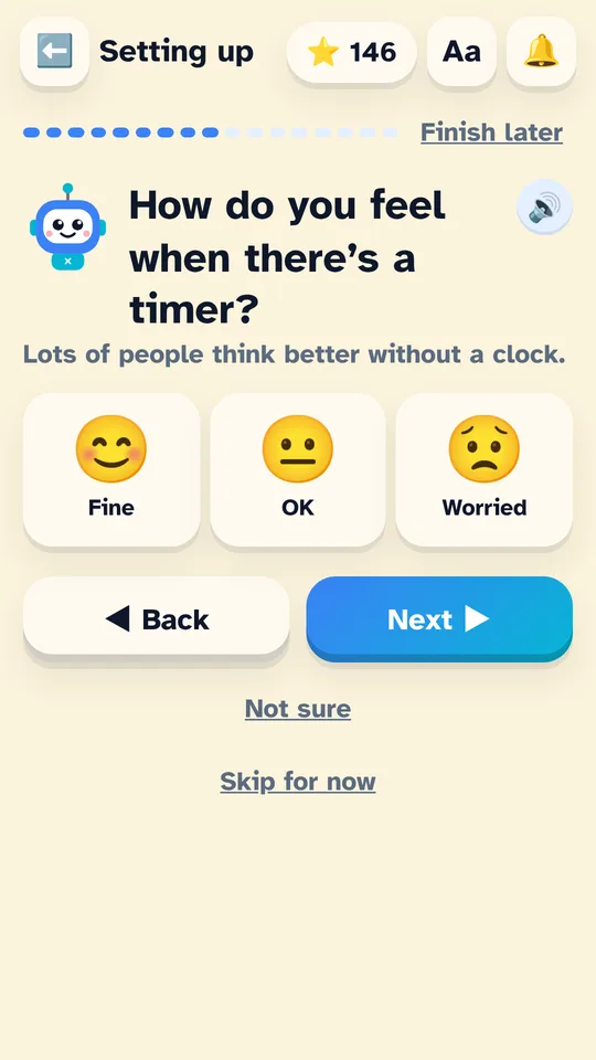 Setup question asking how the child feels when there is a timer, with face buttons