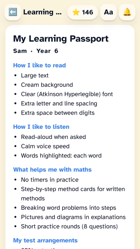 A Learning Passport listing a child’s reading and listening preferences